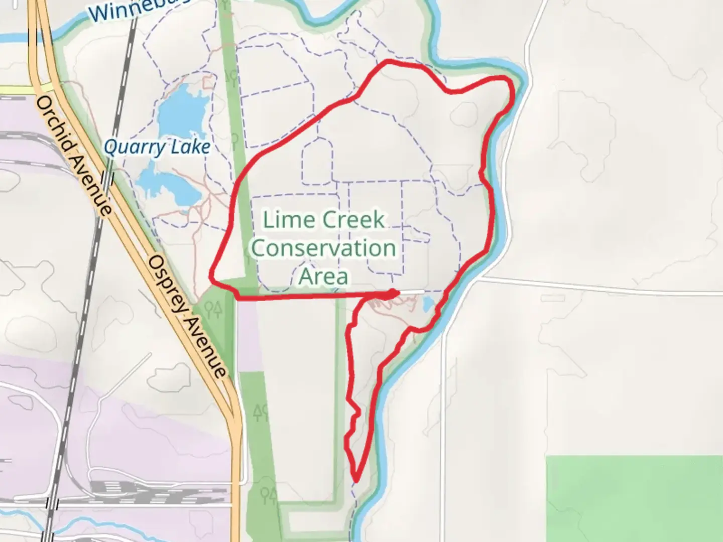 An image depicting the trail Lime Creek Conservation Area Loop and its surrounding area.