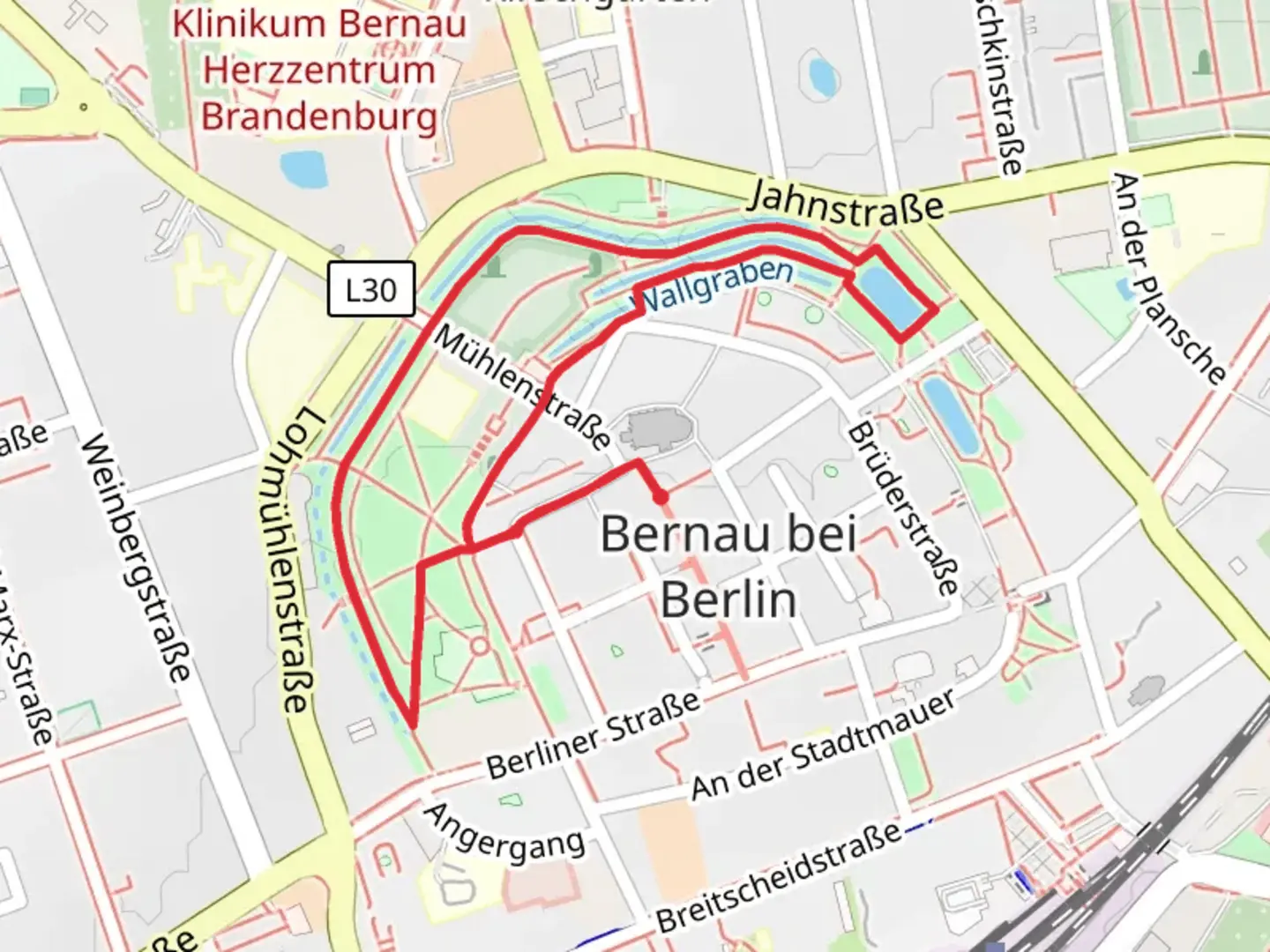 An image depicting the trail Schwanenteich via Hoher Wall and Kirchhofswall and its surrounding area.