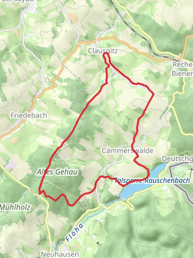 An image depicting the trail Clausnitz and Altes Gehau Loop via Talsperre Rauschenbach and its surrounding area.