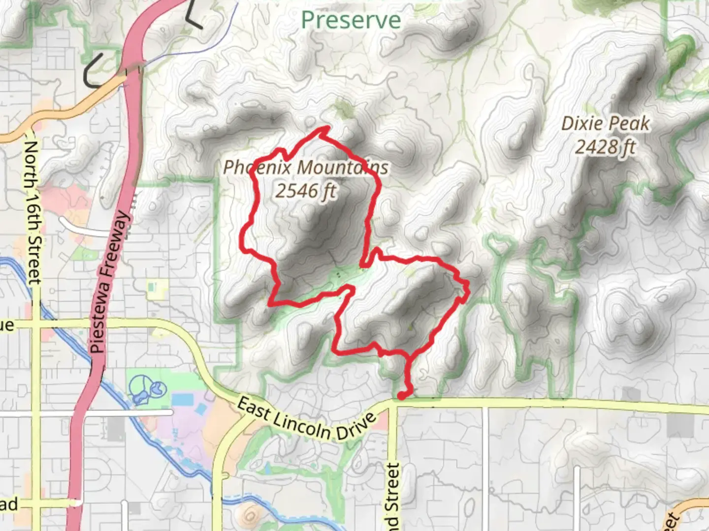 An image depicting the trail Phoenix Mountains Loop and its surrounding area.