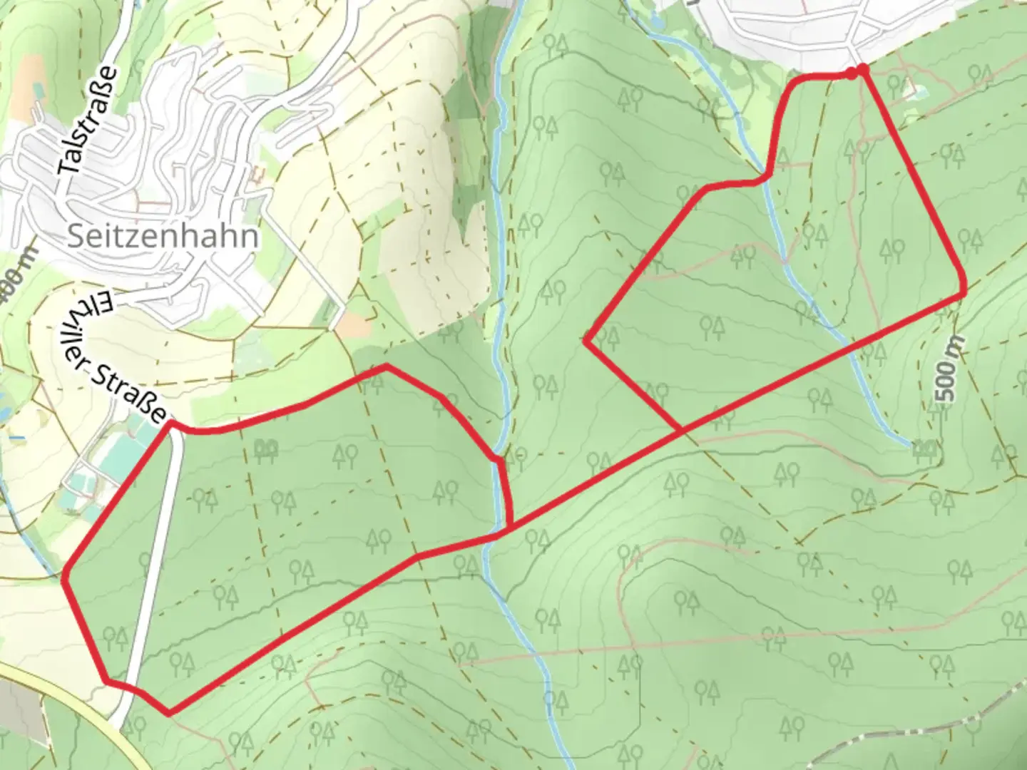 An image depicting the trail Schwarzer Hahn and Rote Kirche Loop and its surrounding area.