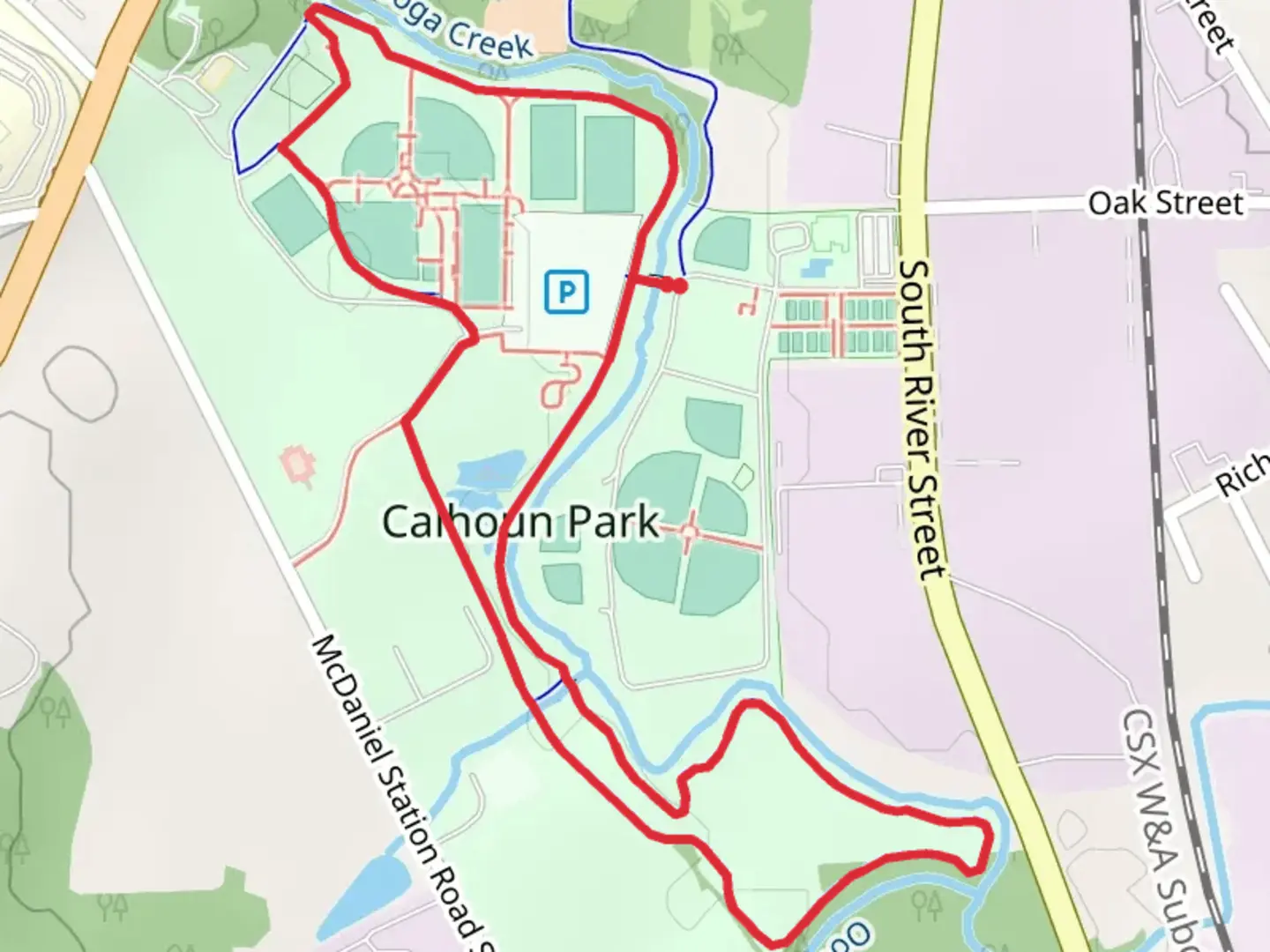 An image depicting the trail Calhoun Park Loop and its surrounding area.