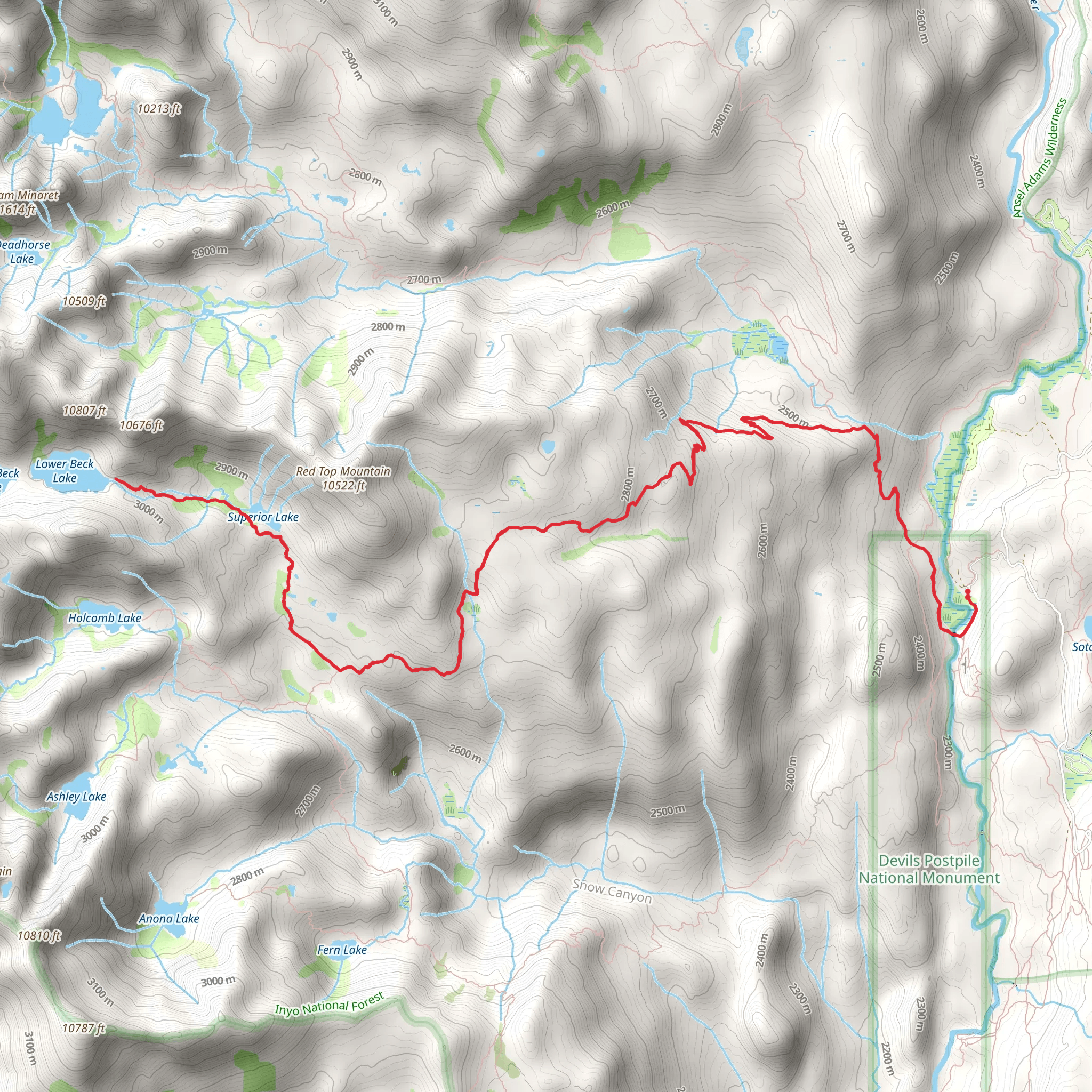 Superior Lake, Upper and Lower Beck Lakes via John Muir Trail mobile static map