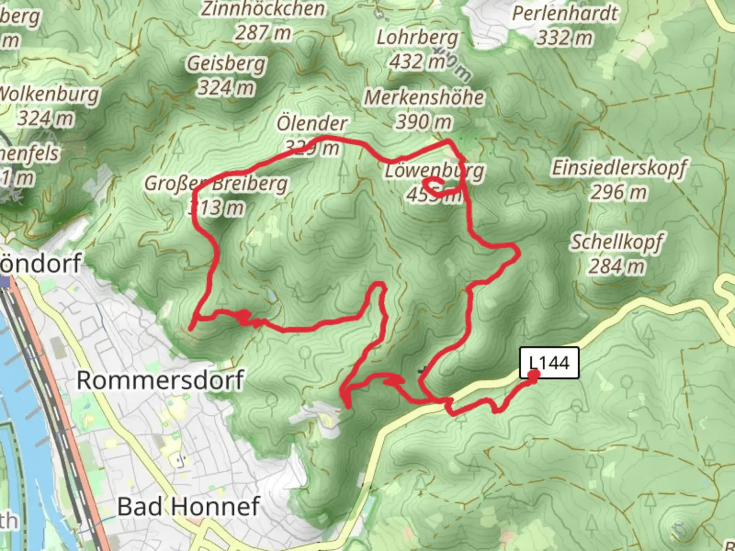 An image depicting the trail Schaaffhausenstraße, Kleiner Breiberg and Lowenburg Loop and its surrounding area.
