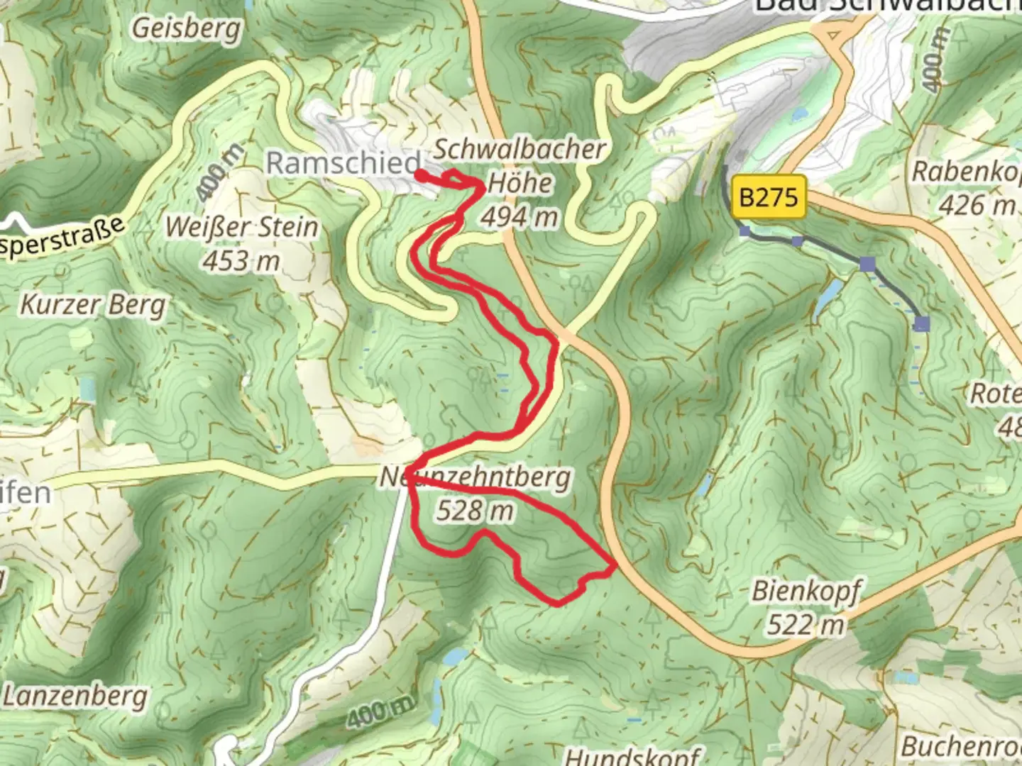 An image depicting the trail Neunzehntberg via Nordic Walking Park and its surrounding area.