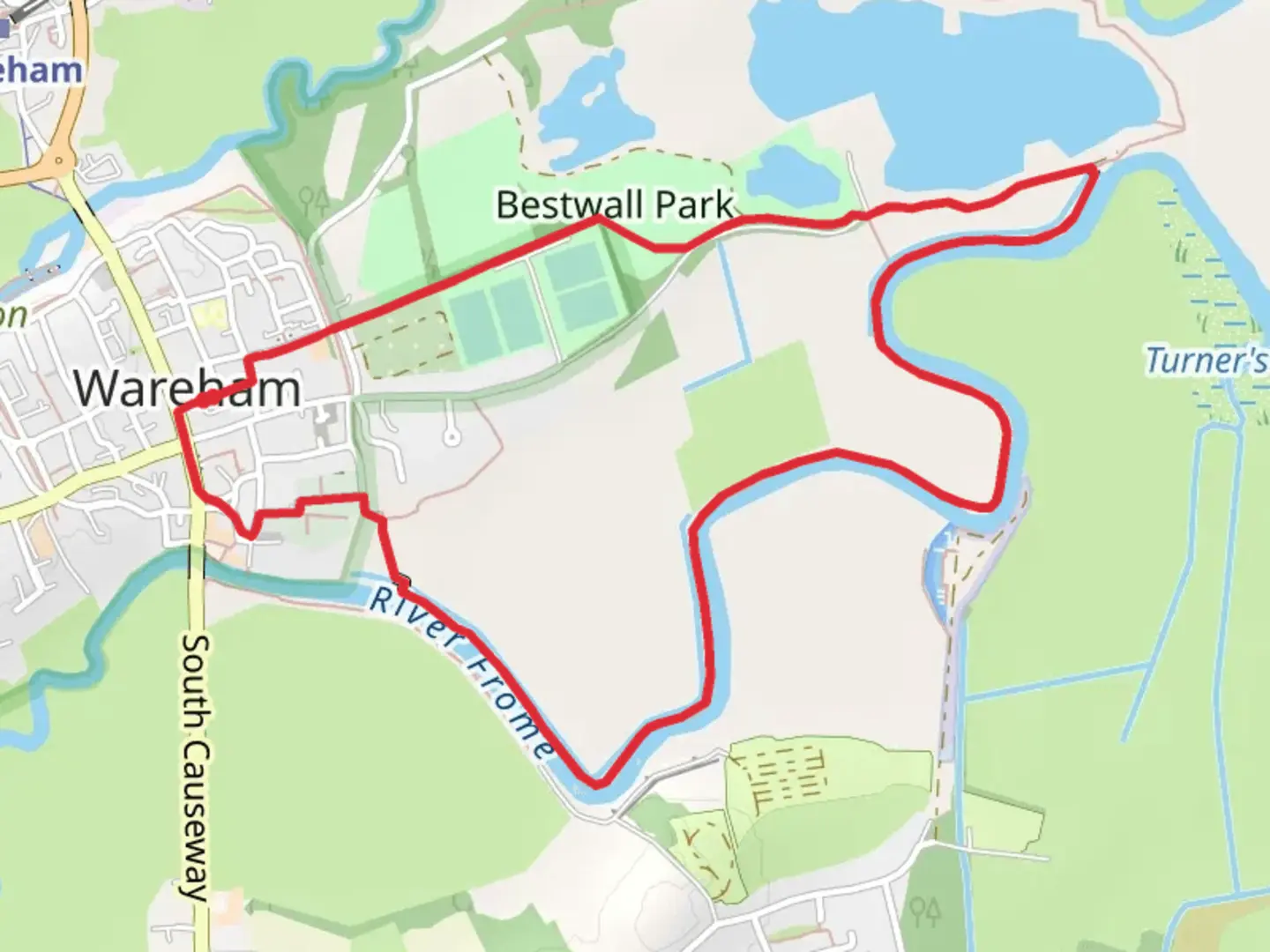 An image depicting the trail Bestwall Park and River Frome Loop and its surrounding area.