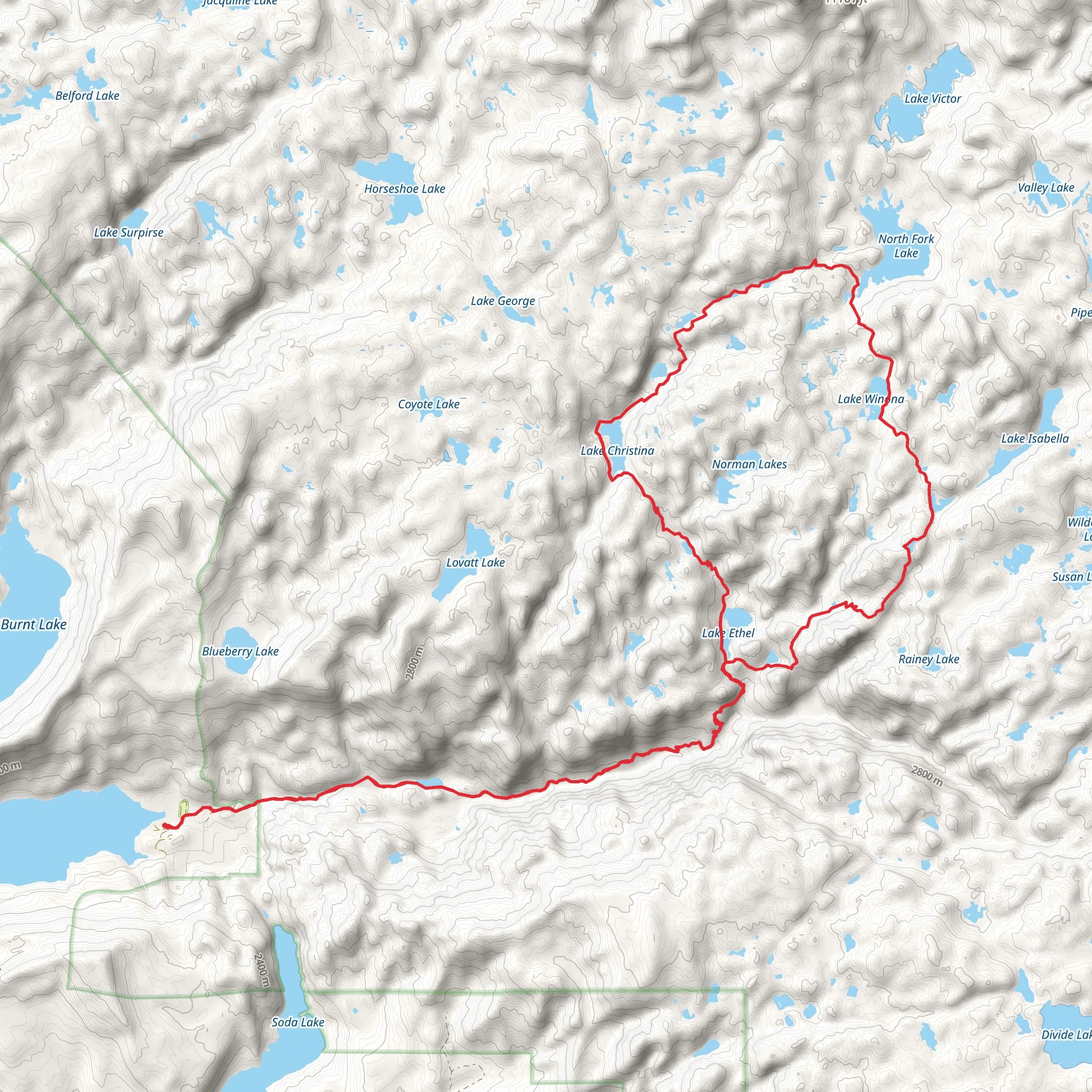 Boulder Canyon, Lake Christina, North Fork Lake and Dugway Lake Loop Trail mobile static map
