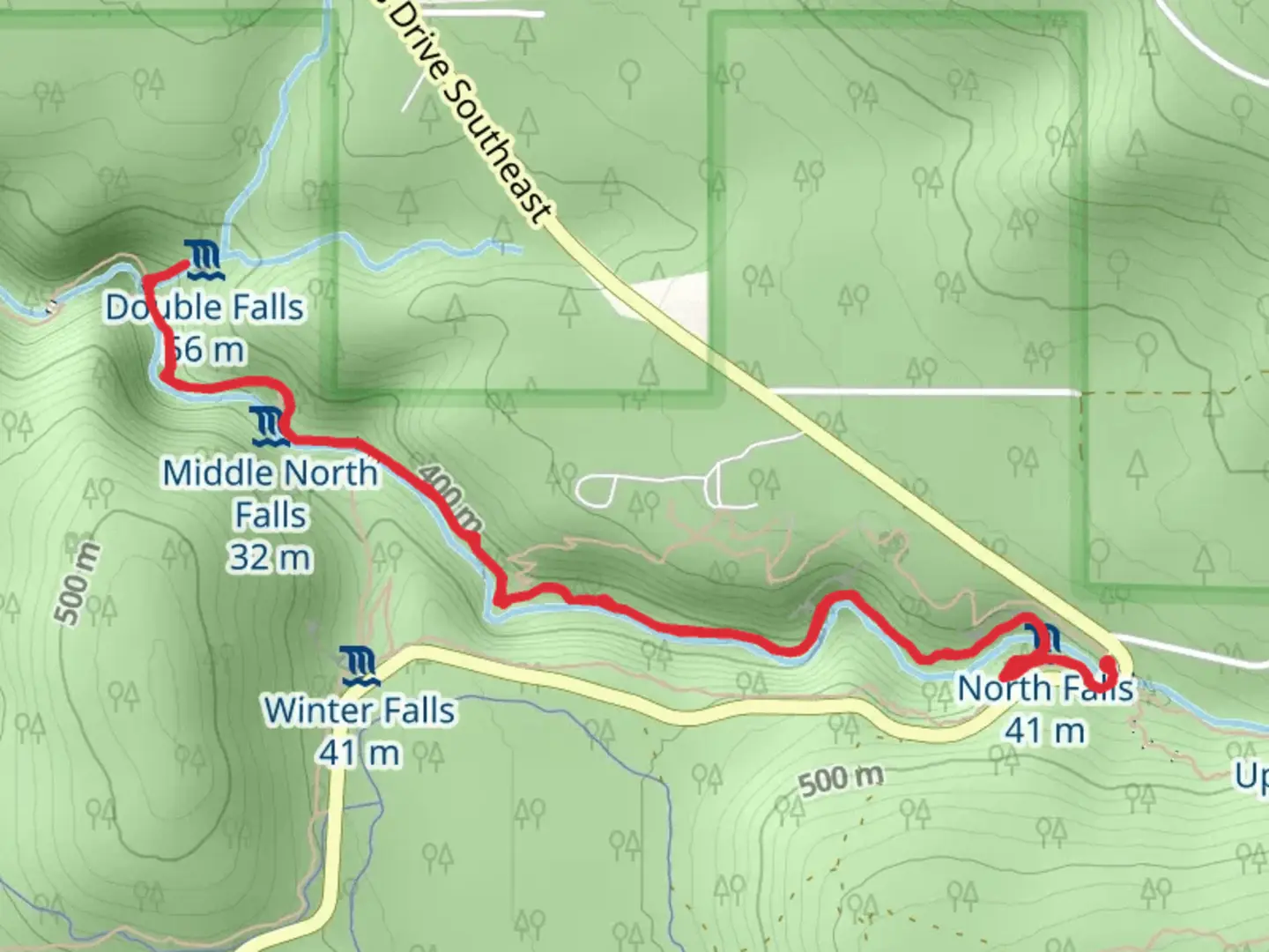 An image depicting the trail Trail of Twin Falls and its surrounding area.