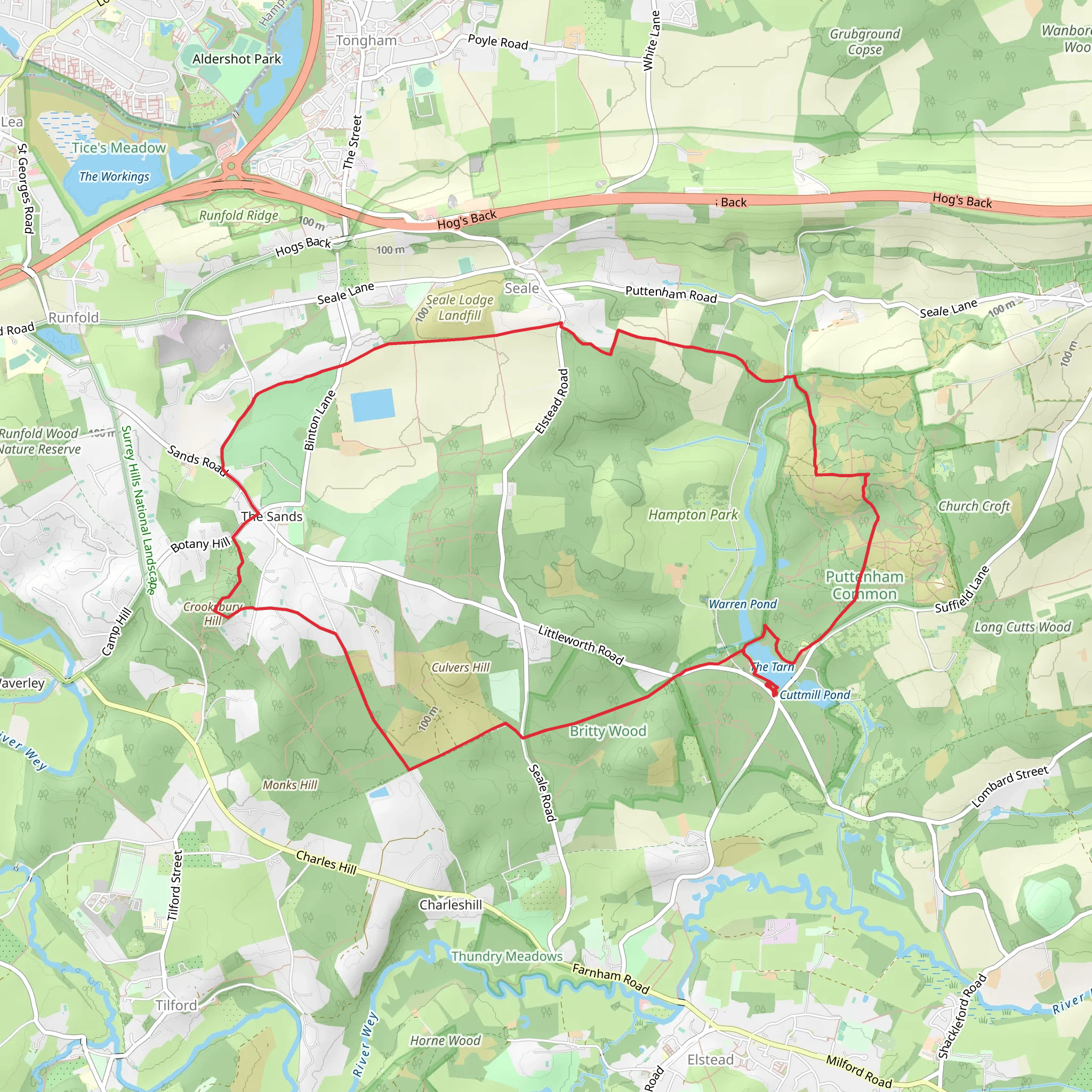 Puttenham Common and Crooksbury Hill Loop mobile static map