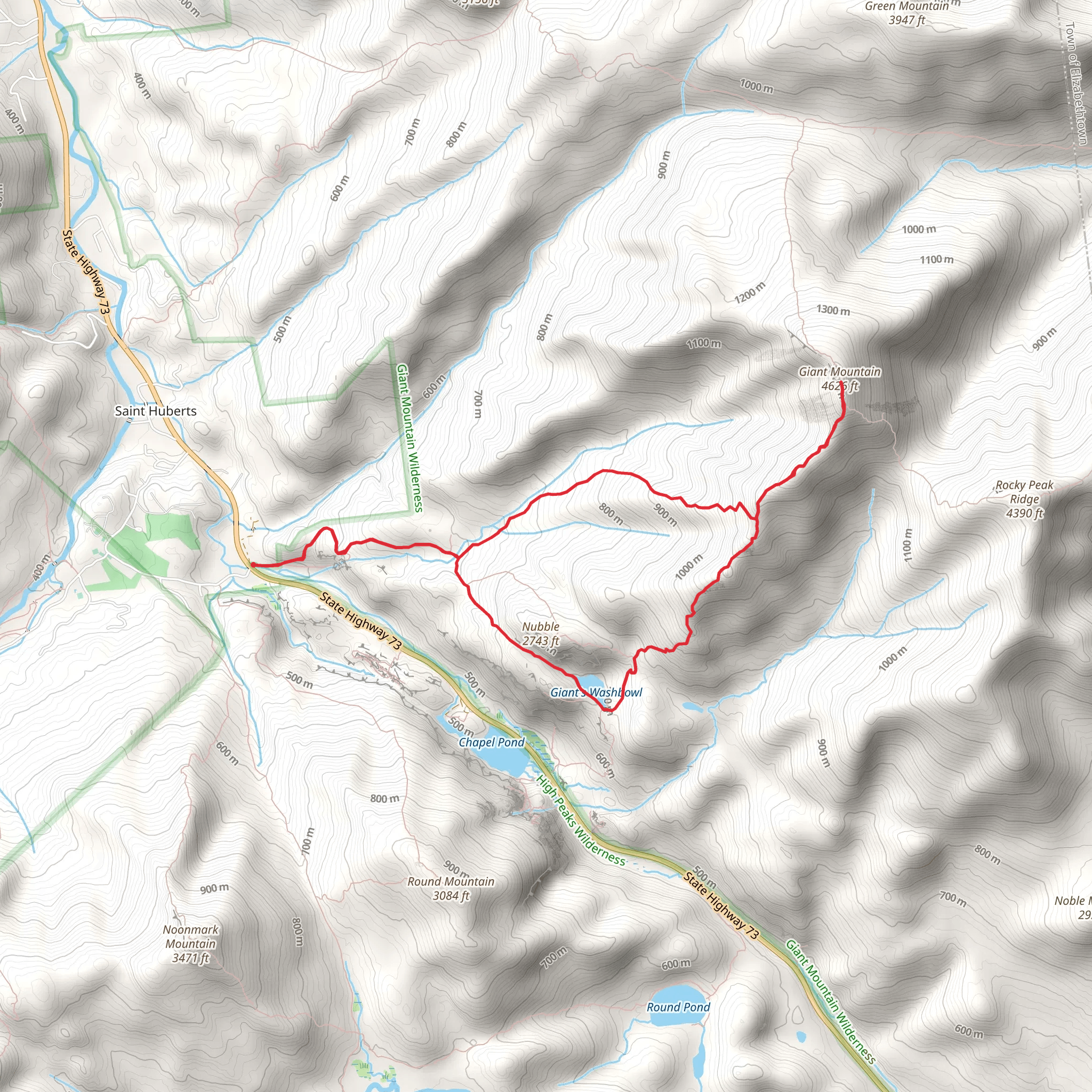 Giant Washbowl and Giant Mountain Loop via Roaring Brook Trail mobile static map