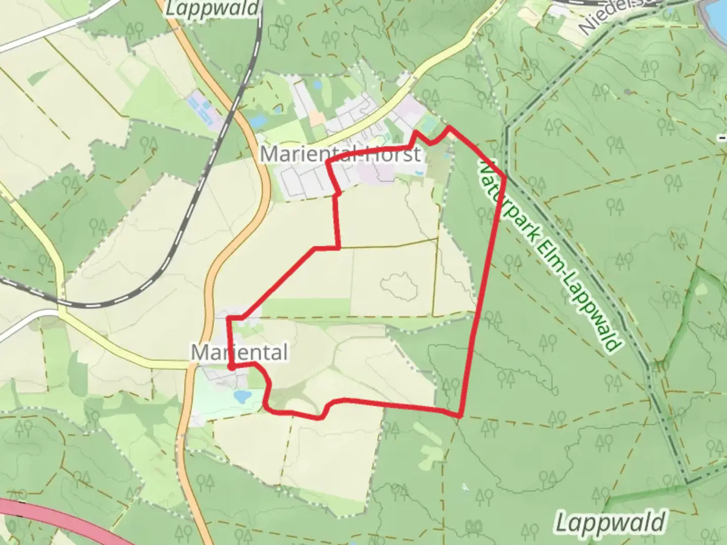 An image depicting the trail Lappwald Rundwanderweg Loop and its surrounding area.