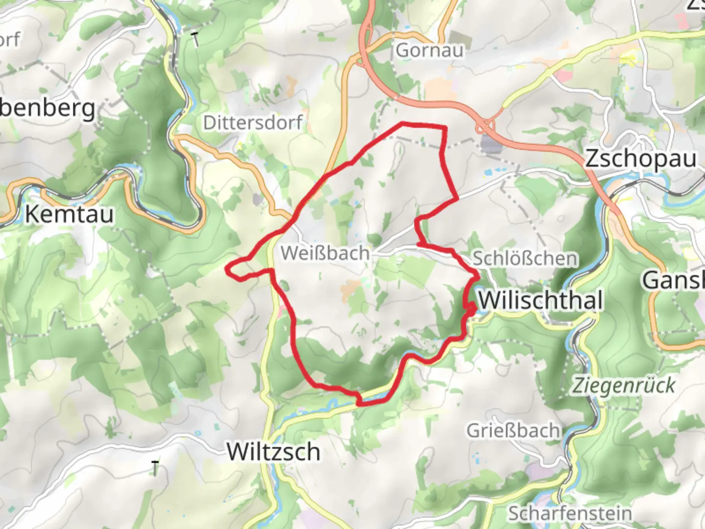 An image depicting the trail Rundweg Dittersdorf and Wilischradweg and its surrounding area.