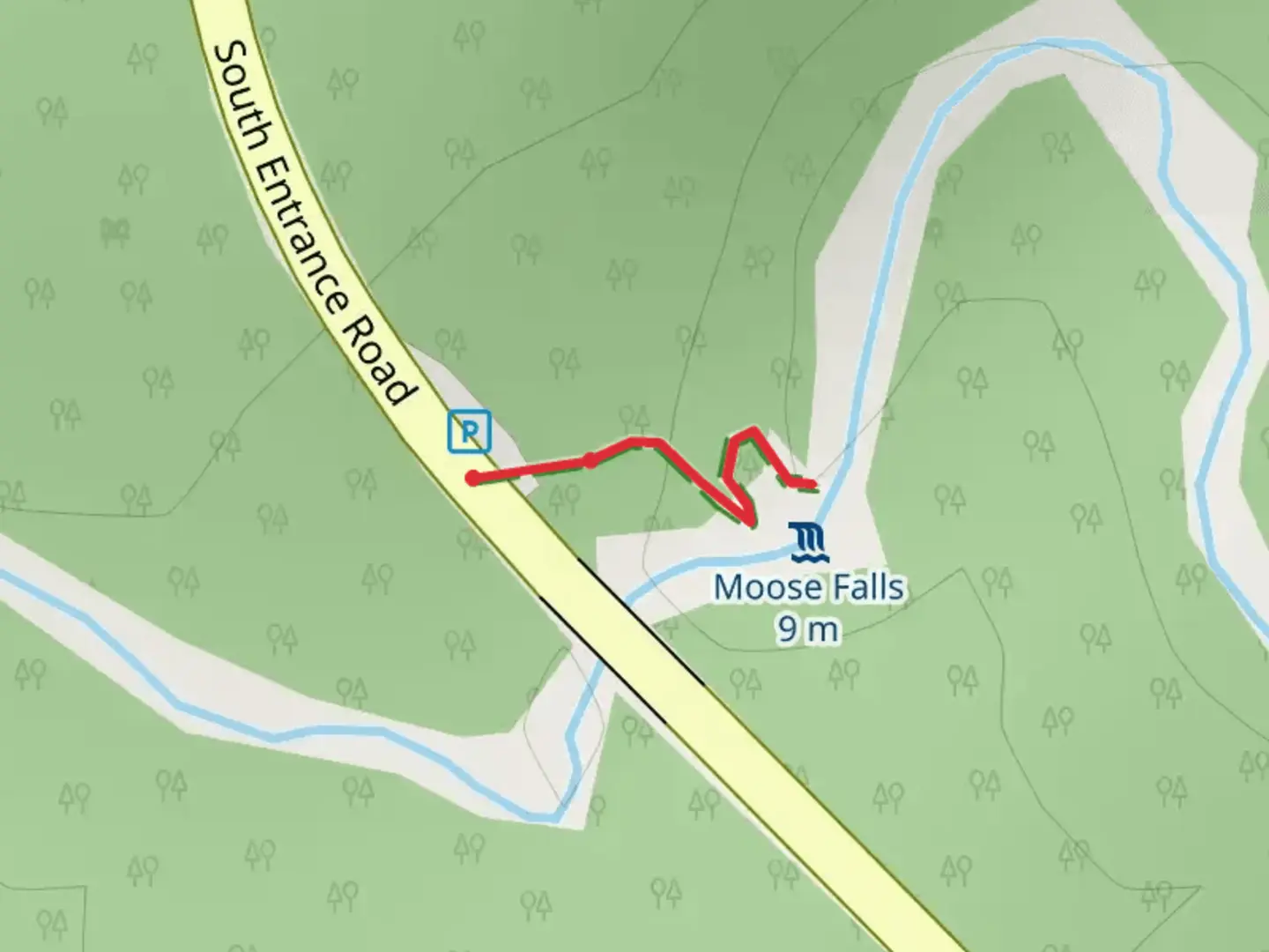An image depicting the trail Moose Falls Out and Back and its surrounding area.