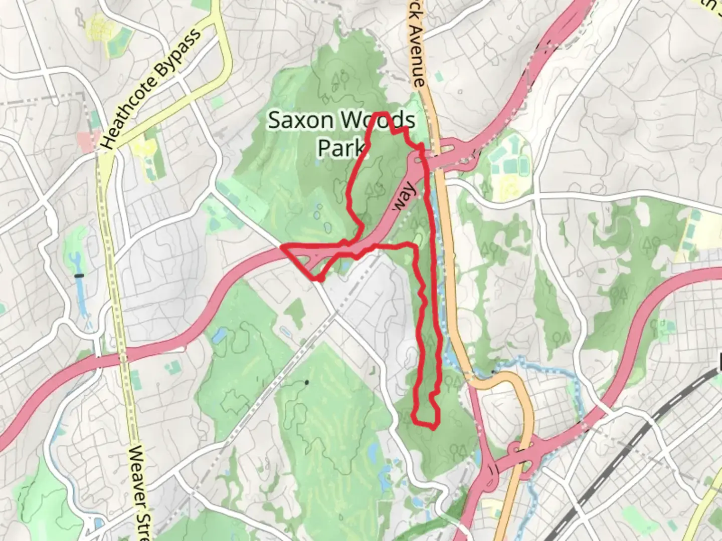 An image depicting the trail Saxon Woods Park Loop Trail and its surrounding area.