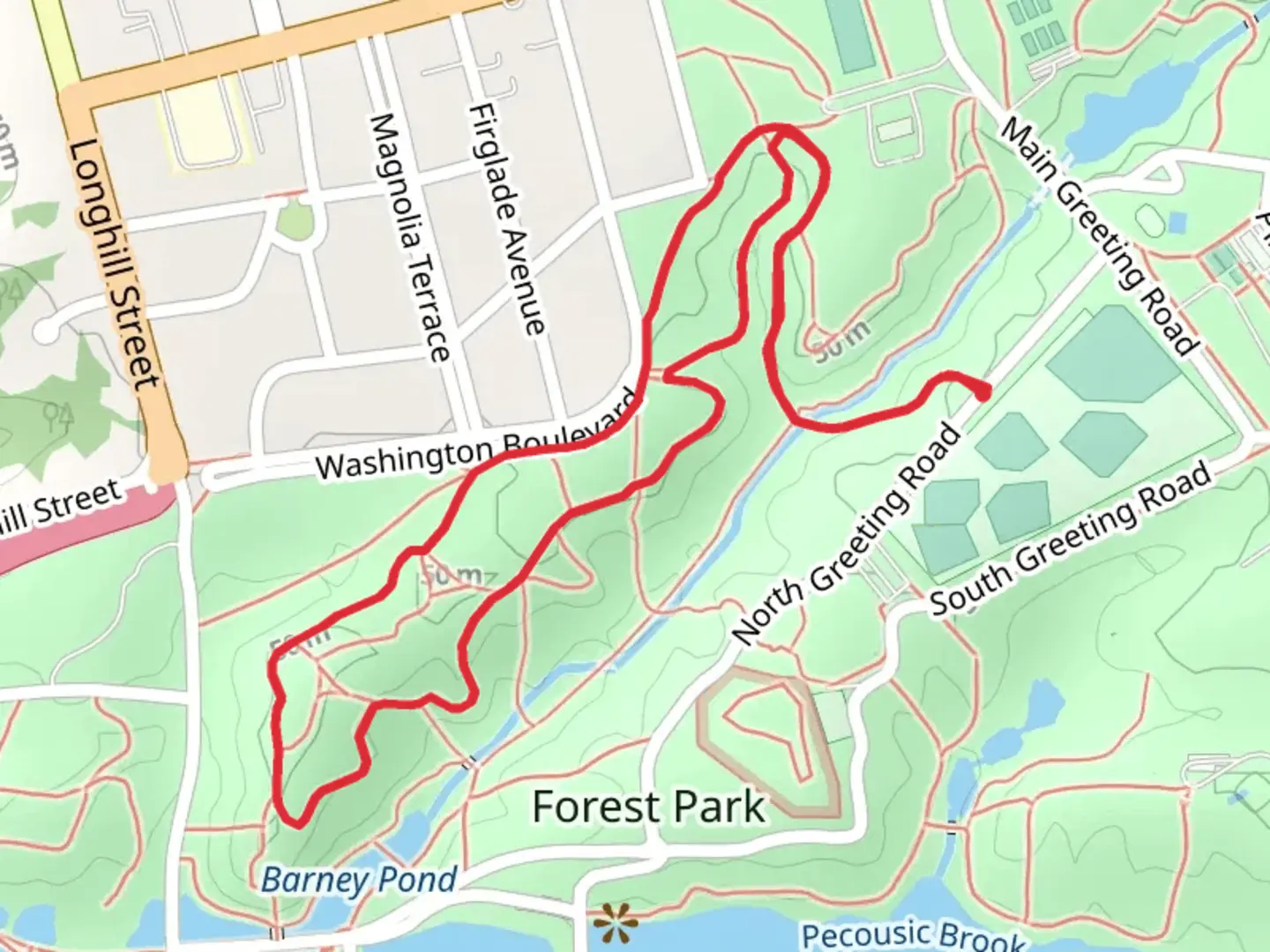 An image depicting the trail Commissioners Hill Road and Snake Hill Road Loop and its surrounding area.