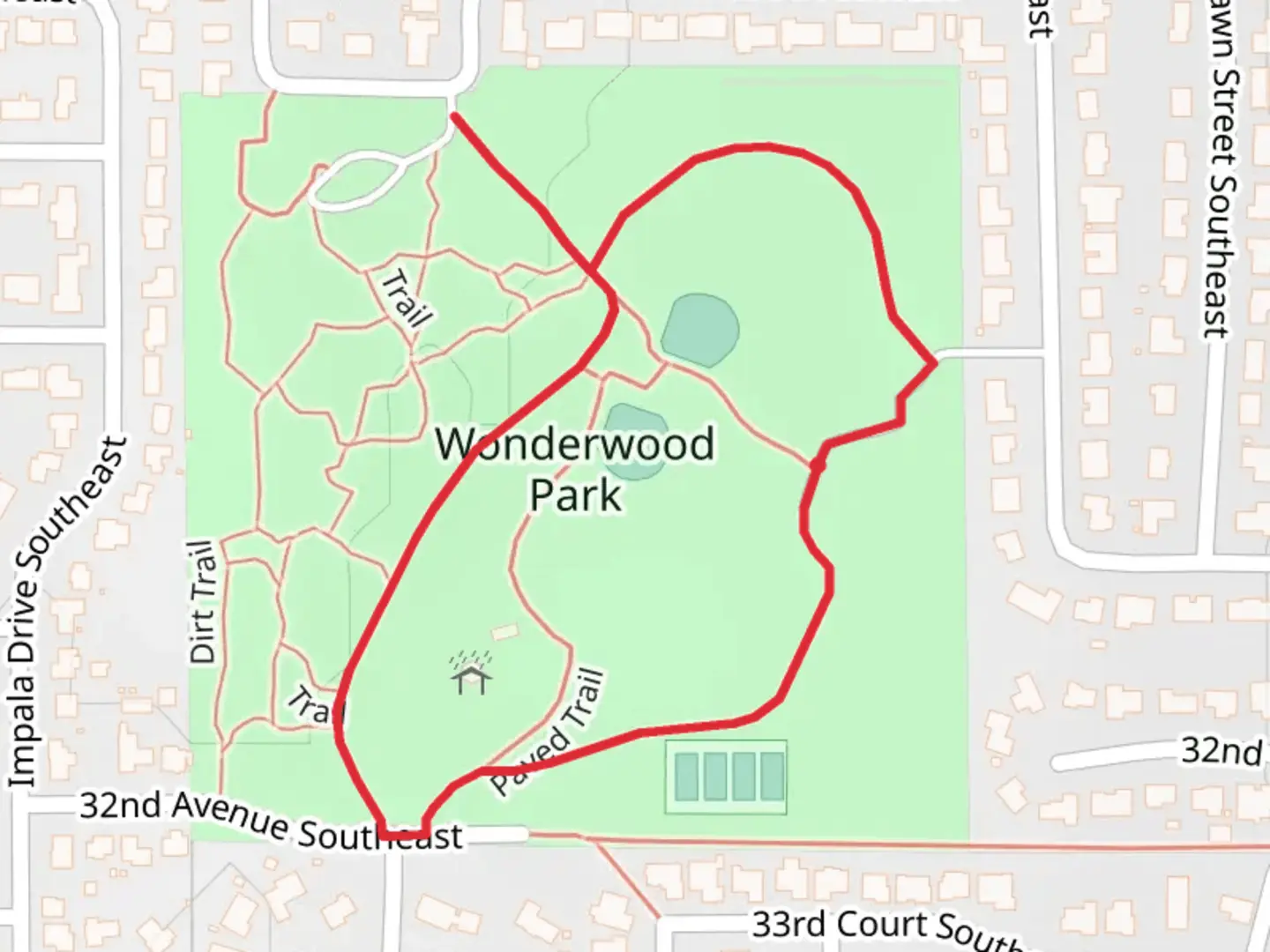 An image depicting the trail Wonderwood Park Loop and its surrounding area.