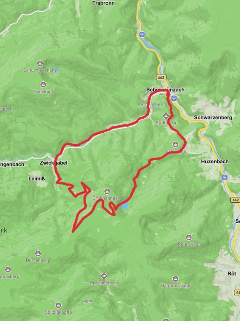 An image depicting the trail Schonmunzach, Uberwercher Berg and Huzenbacher See Loop and its surrounding area.