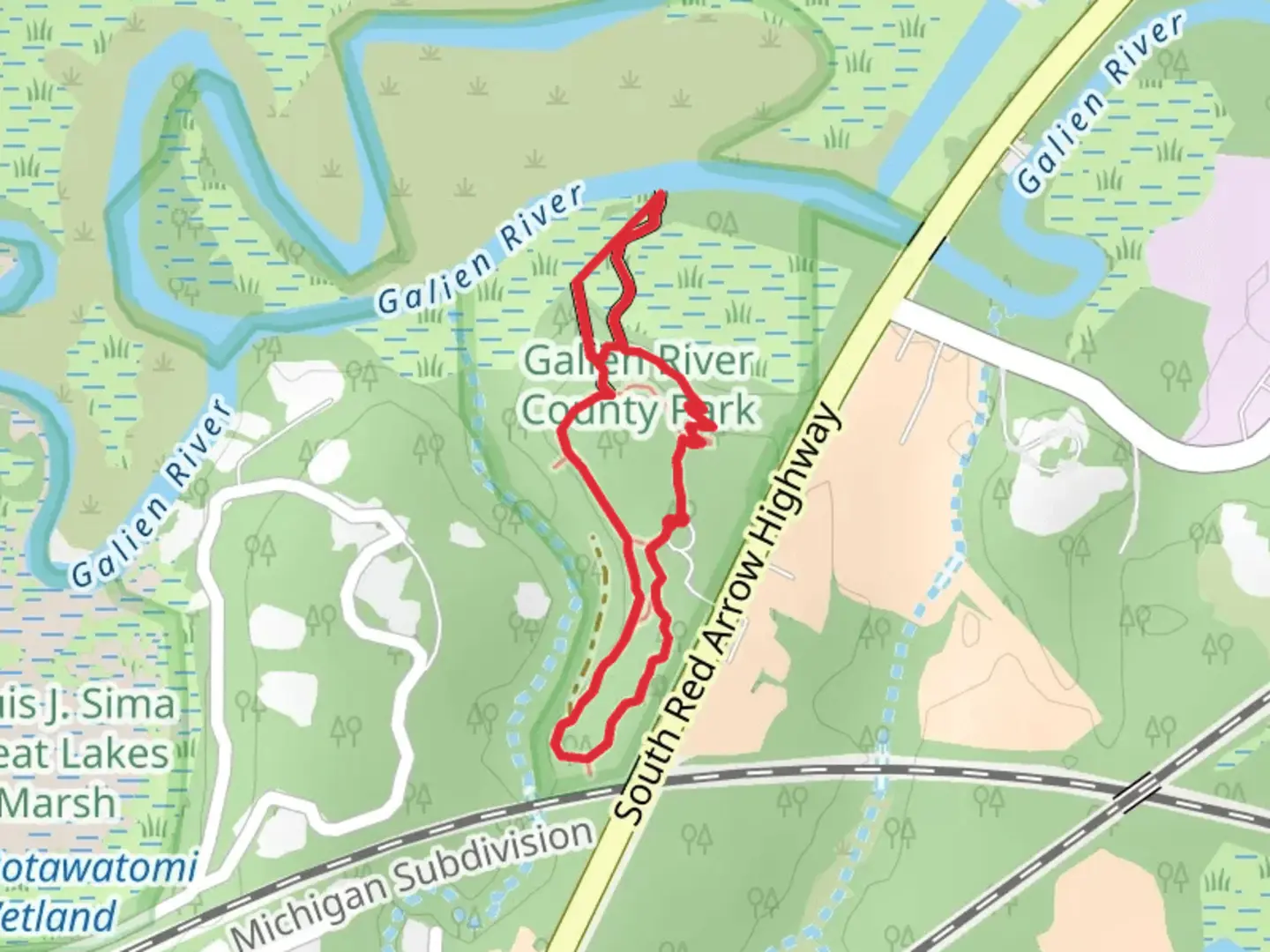 An image depicting the trail South Red Arrow Highway Loop and its surrounding area.
