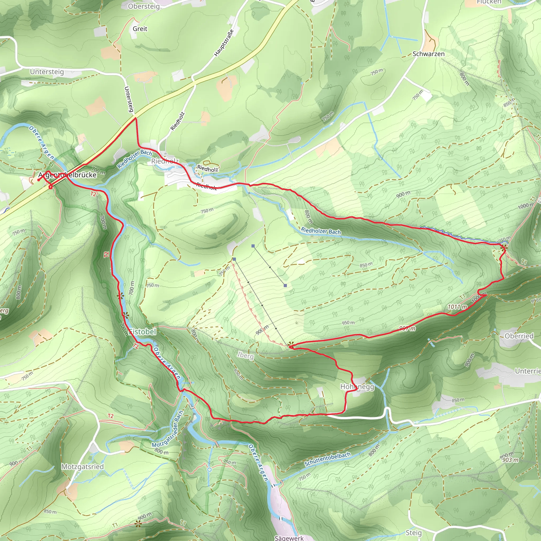 Eistobel, Ruine Hohenegg, Iberg and Riedholzer Kugel Loop via Eistobel Wanderweg mobile static map