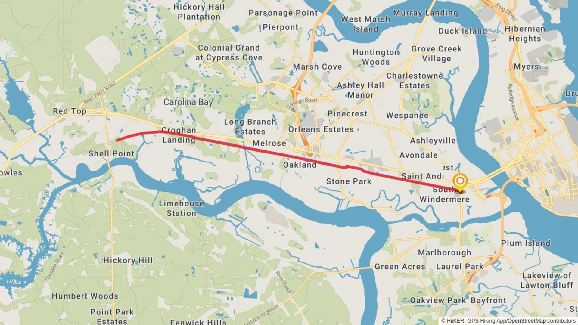 An image depicting the trail West Ashley Greenway and its surrounding area.