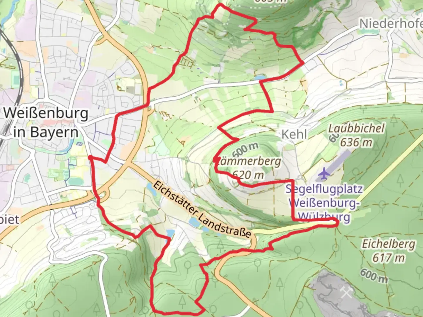 An image depicting the trail Sommerkeller and Wulzburg Loop and its surrounding area.