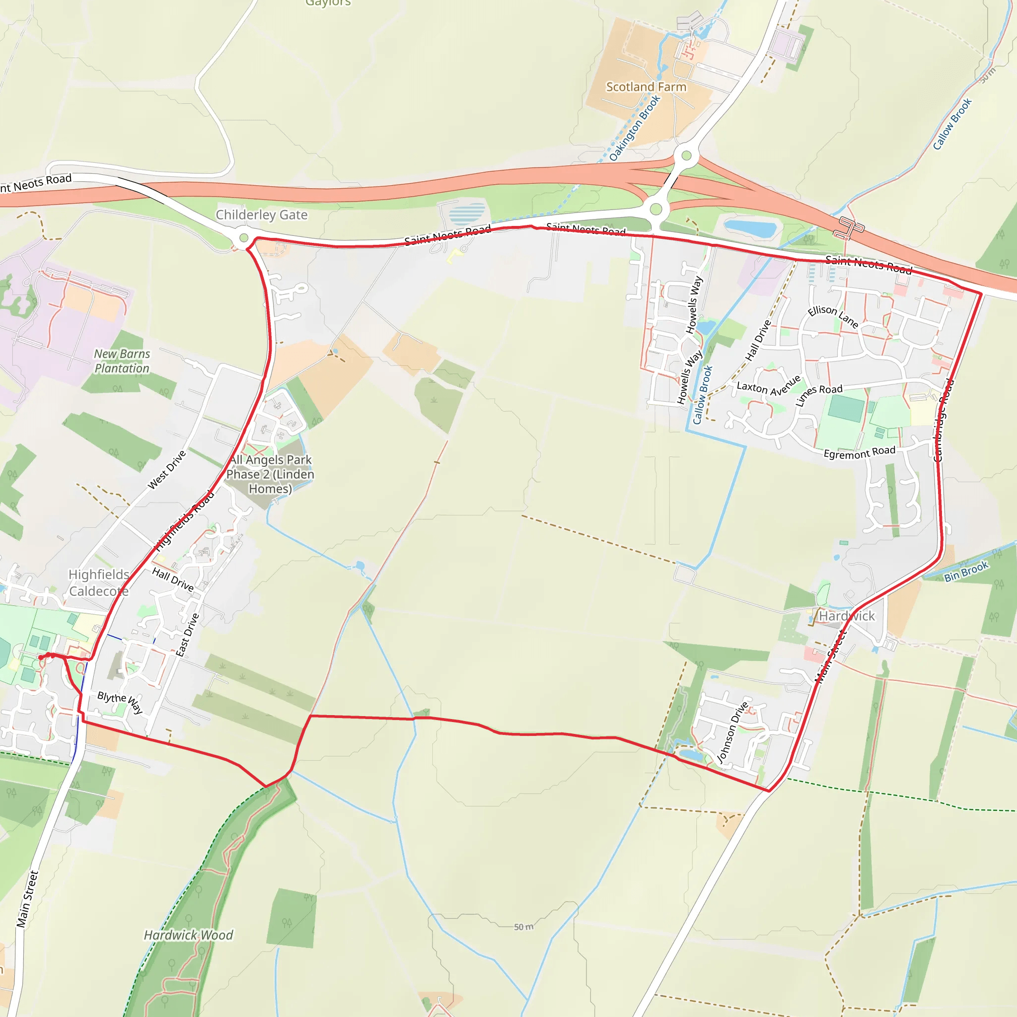 Highfields Caldecote and Hardwick Loop mobile static map