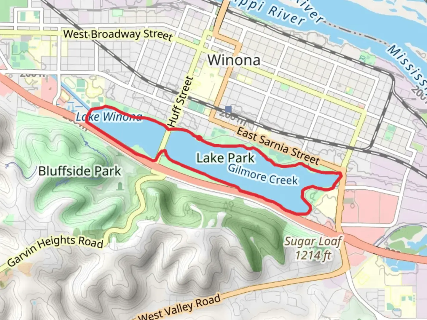 An image depicting the trail Gilmore Creek and Park Loop via Lake Winona Path and its surrounding area.