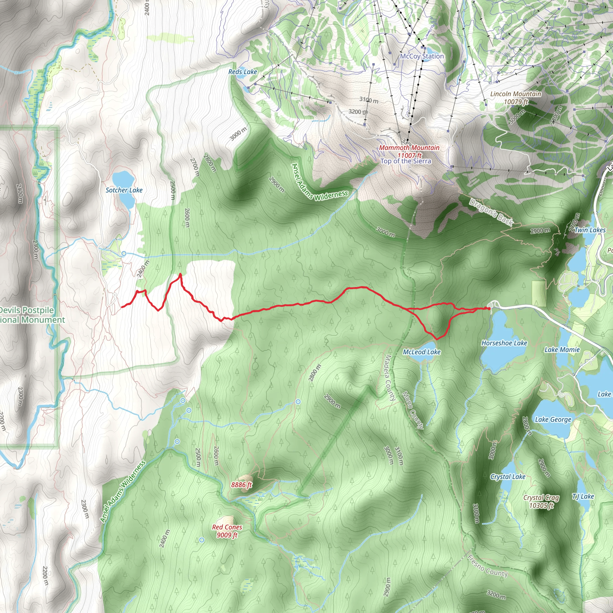 Mammoth Pass Trail, McLeod Lake Trail and Old John Muir Trail mobile static map