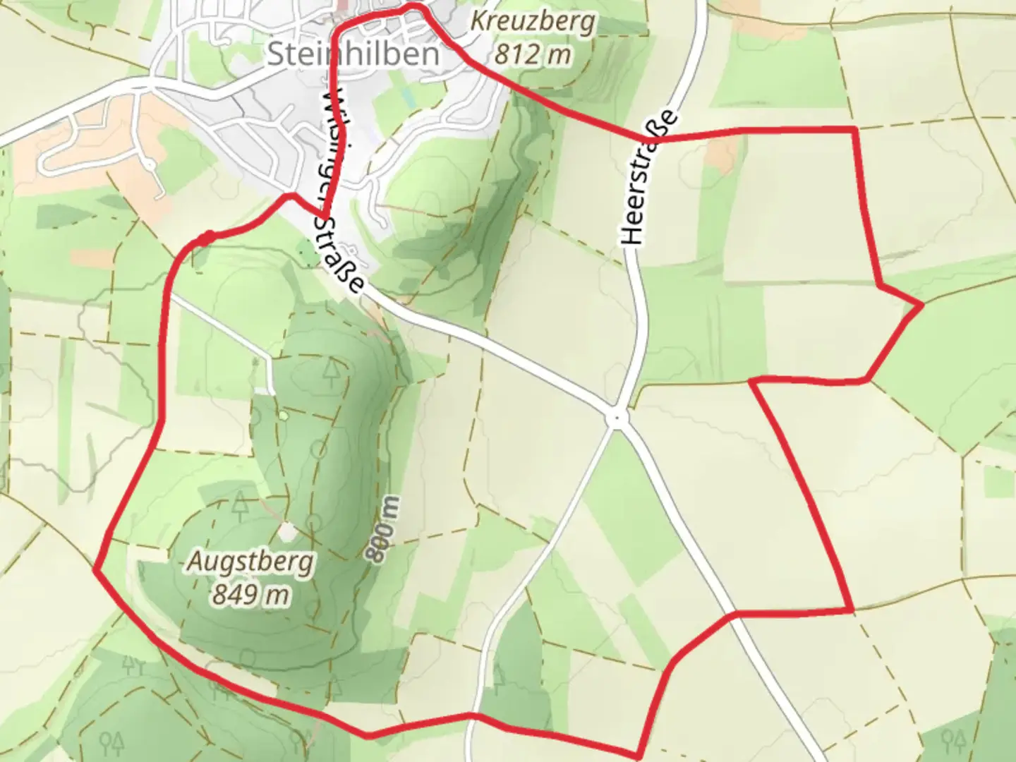 An image depicting the trail Maegerkingen - Steinhilben and Wilsinger Weg and its surrounding area.