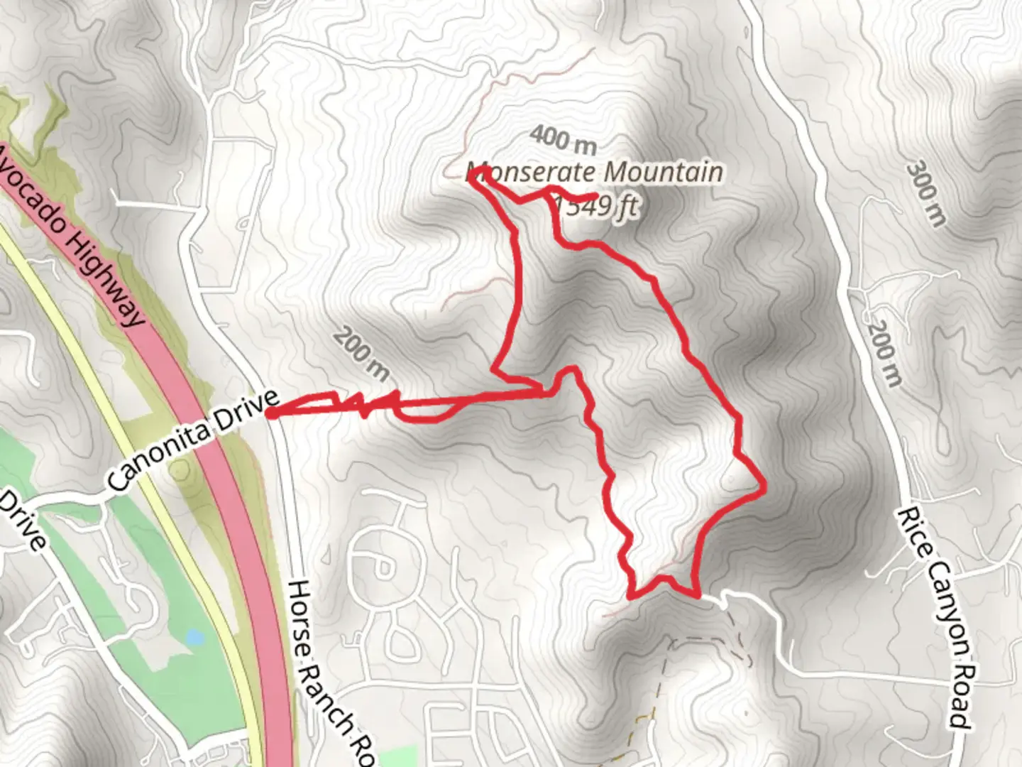 An image depicting the trail Monserate Mountain Loop Trail and its surrounding area.