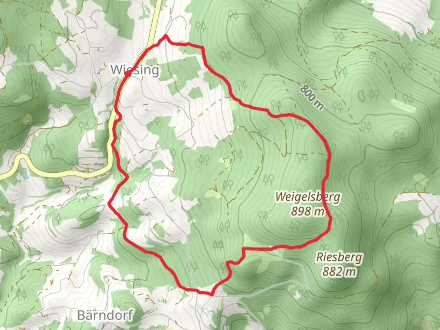 An image depicting the trail Zielwanderweg and Wiesing Loop and its surrounding area.