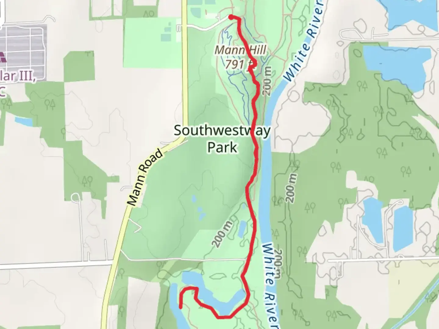 An image depicting the trail Swamp Creek via Southwestway Park and its surrounding area.