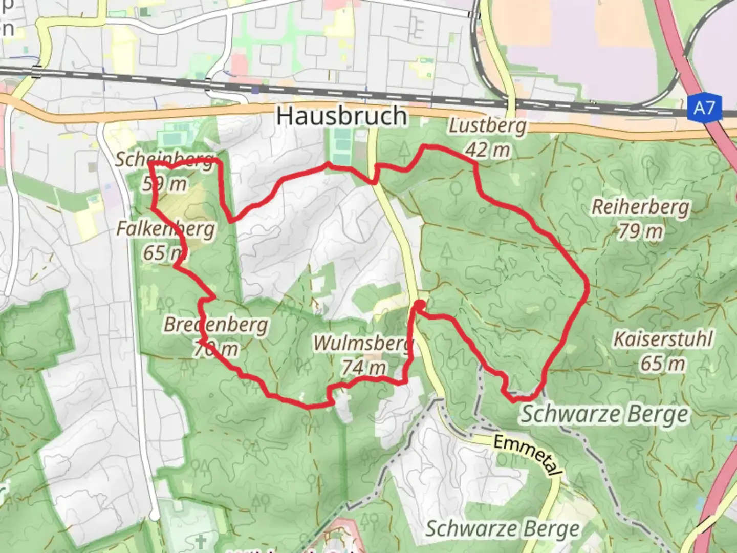 An image depicting the trail Stadtscheide and Wulmsberggrund Loop and its surrounding area.