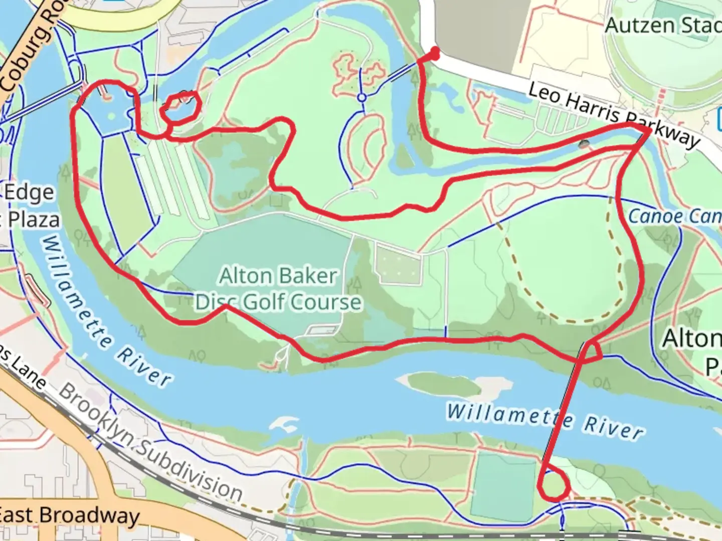 An image depicting the trail Pre's Trail, North Bank Path and Frohnmayer Bridge Walk and its surrounding area.