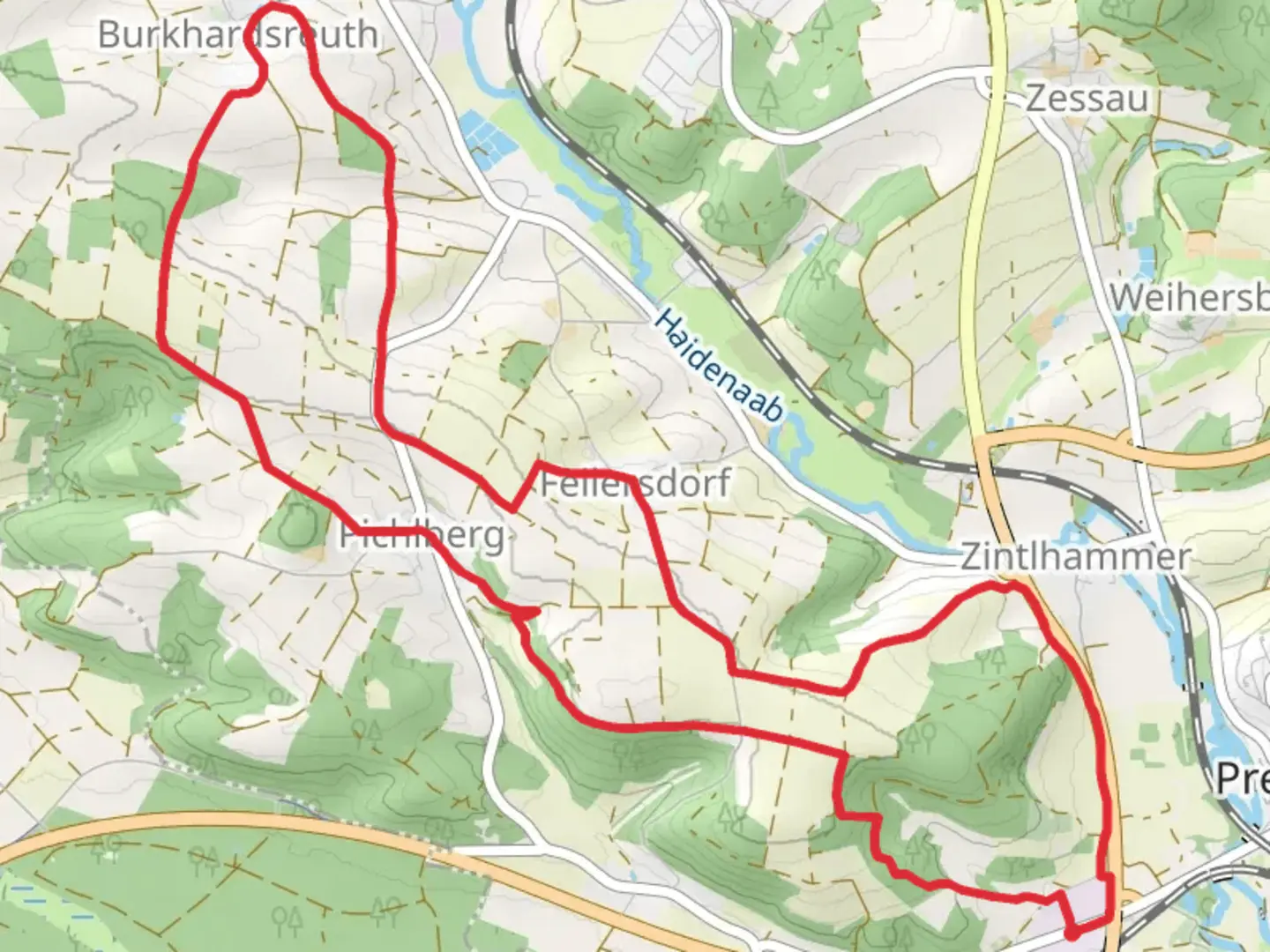 An image depicting the trail Grafenwoehr Gruenderweg and Pressather Rundwanderweg and its surrounding area.