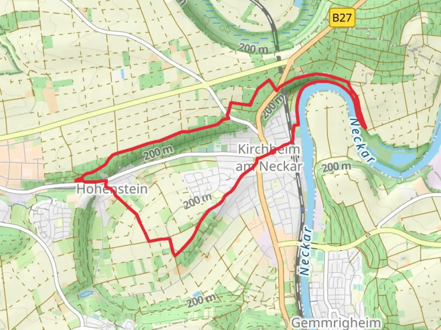 An image depicting the trail Weinterrassen and Kirchheimer Wanderweg and its surrounding area.