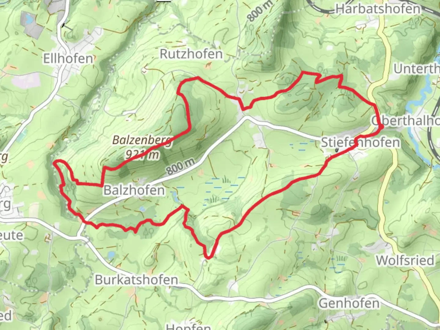 An image depicting the trail Rutzhofen via Balzhofener Moor and its surrounding area.