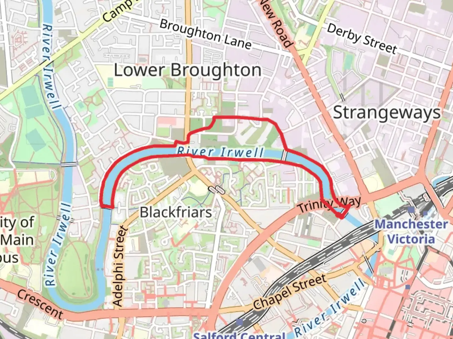 An image depicting the trail River Irwell and Adelphi Footbridge via The Salford Trail and its surrounding area.