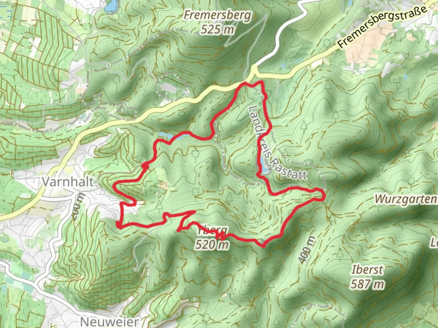 An image depicting the trail Waldenecksee and Yberg via Yburg Rundweg and Badischer Weinpfad and its surrounding area.