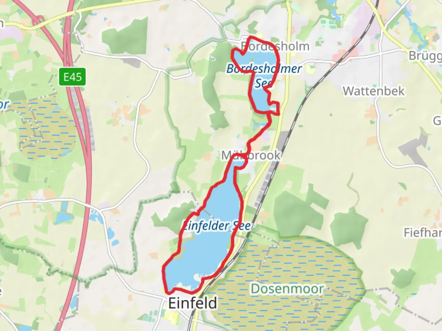 An image depicting the trail Bordesholmer See and Einfelder See Loop and its surrounding area.