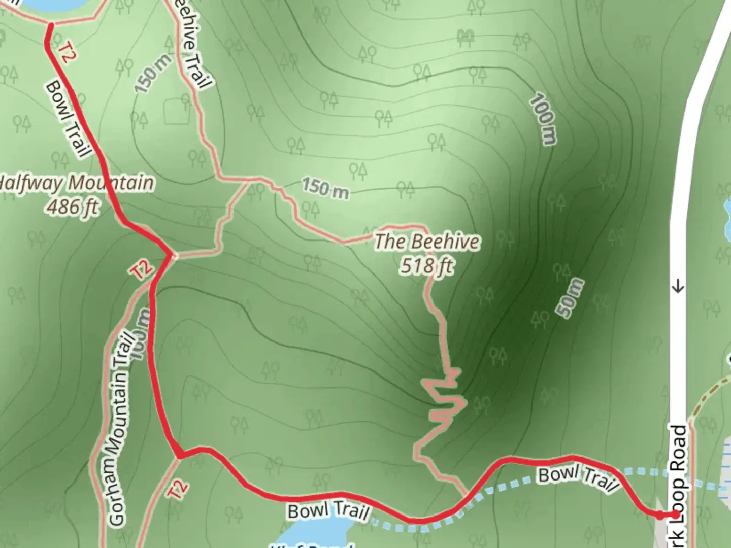 An image depicting the trail Bowl Trail from Park Loop Road and its surrounding area.