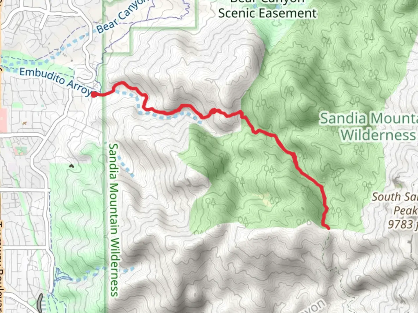 An image depicting the trail Embudito Trail and its surrounding area.