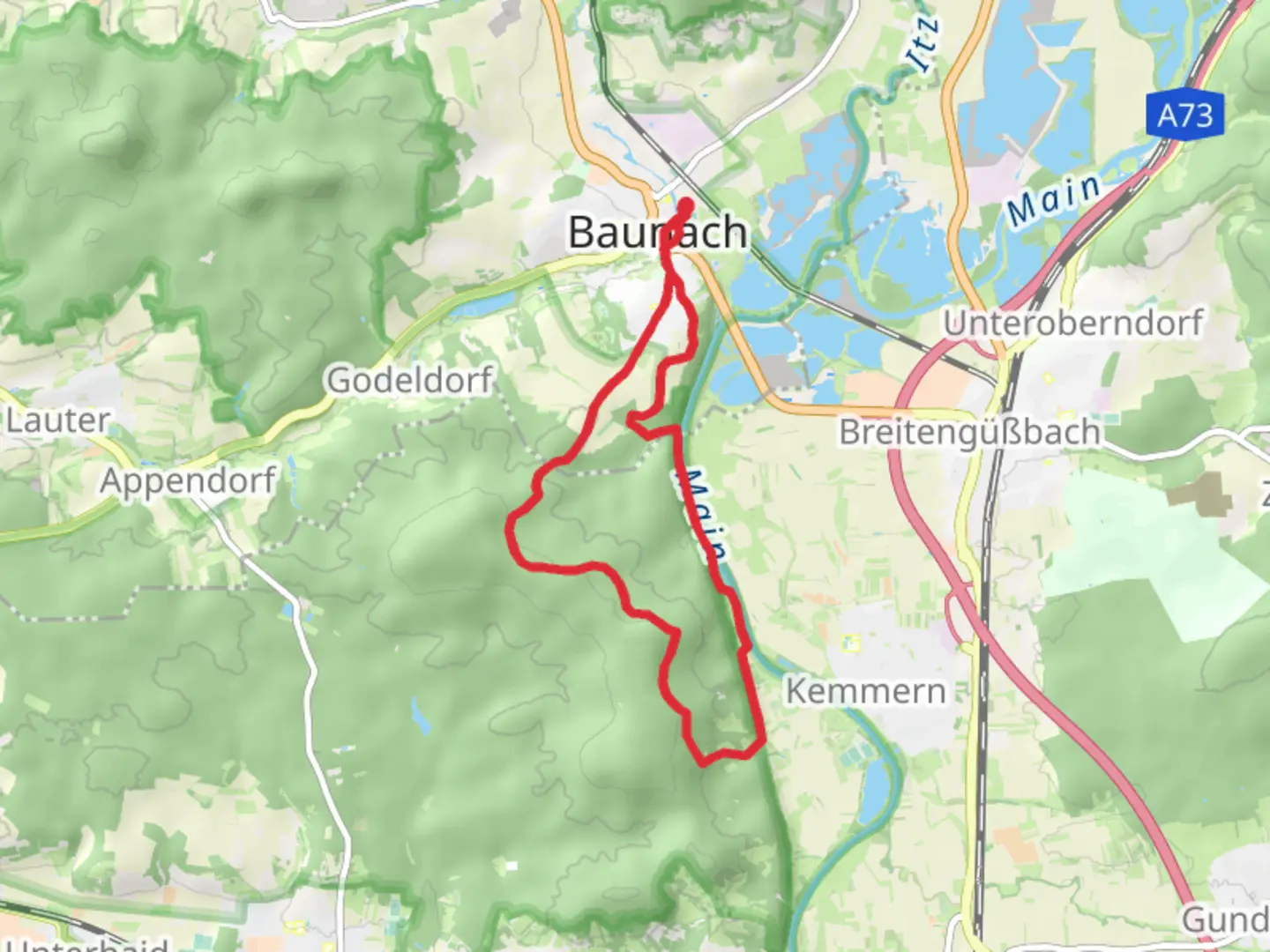 An image depicting the trail Mainweg Teil, Kemmern Helenkapelle and Burgen und Schloesserweg and its surrounding area.