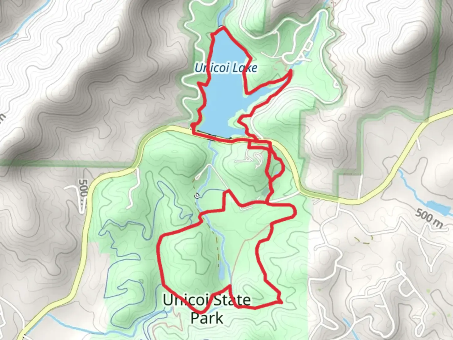 An image depicting the trail Unicoi Lake and Unicoi State Park Loop and its surrounding area.