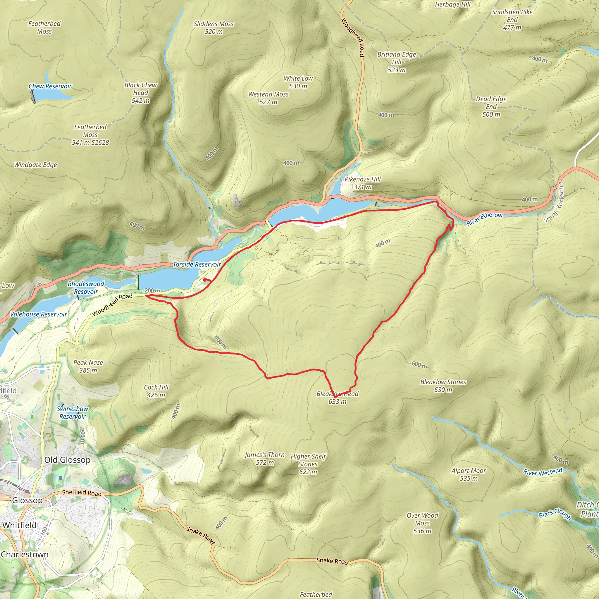 Torside Reservoir to Bleaklow Head Loop mobile static map