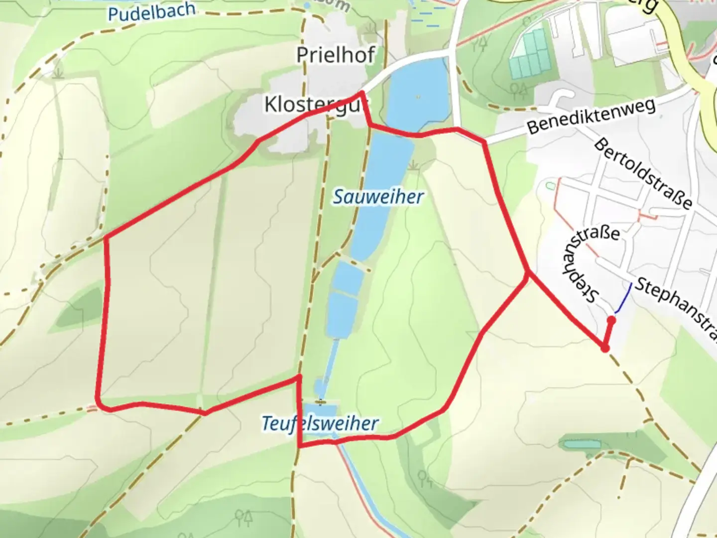 An image depicting the trail Sauweiher via Planetenweg and Akazienweg and its surrounding area.