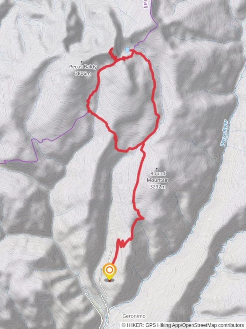An image depicting the trail Beatty's, Pecos Baldy Lake, East Pecos and Rito Perros Loop Trail and its surrounding area.