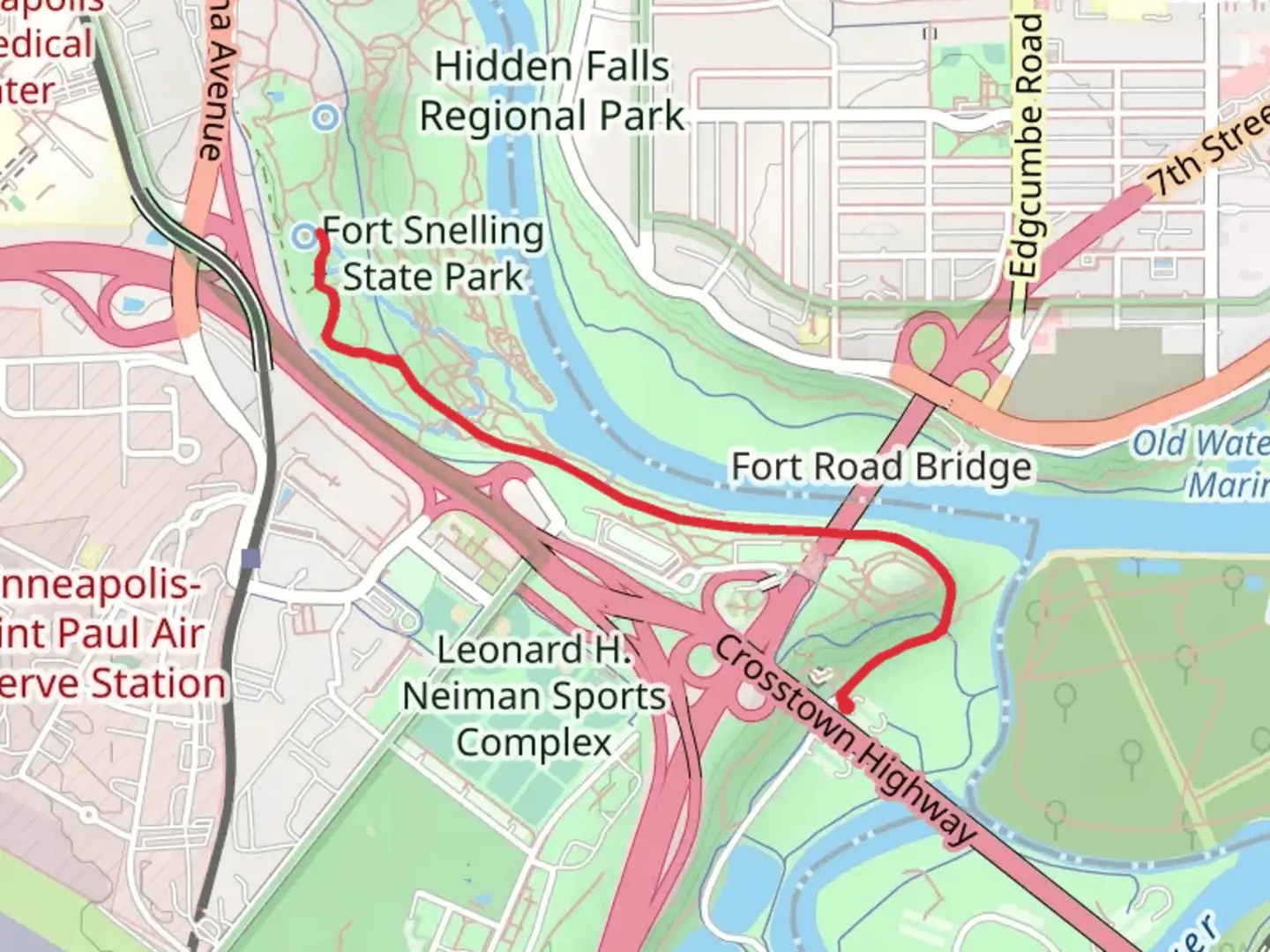 An image depicting the trail Coldwater Spring via Minnehaha Trail and its surrounding area.