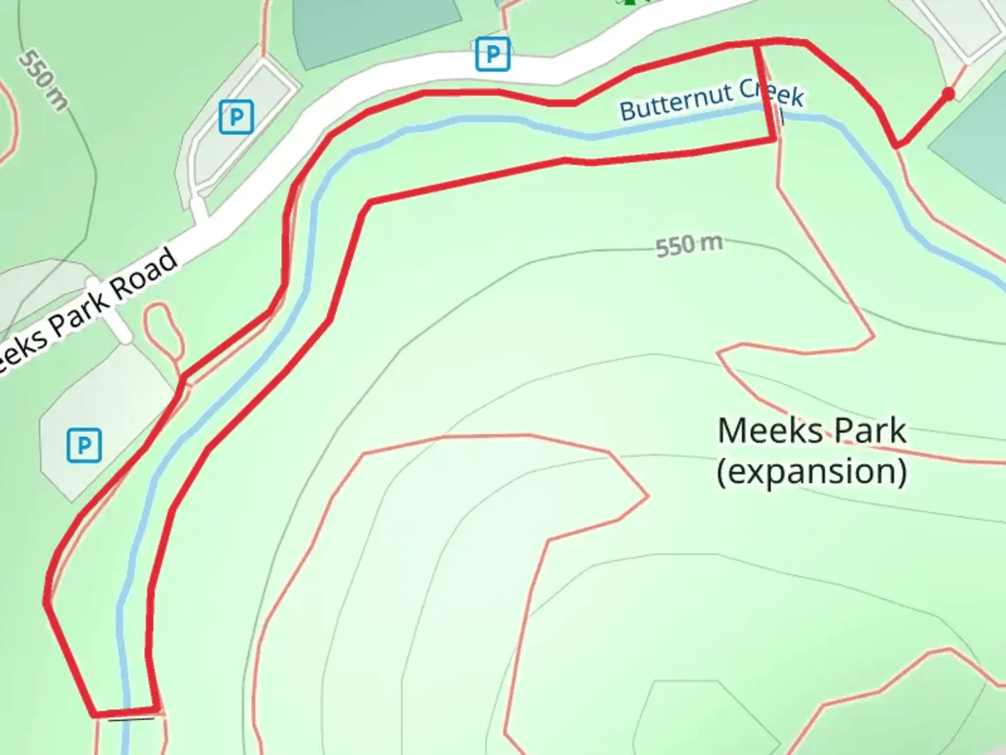 An image depicting the trail Butternut Creek Loop and its surrounding area.