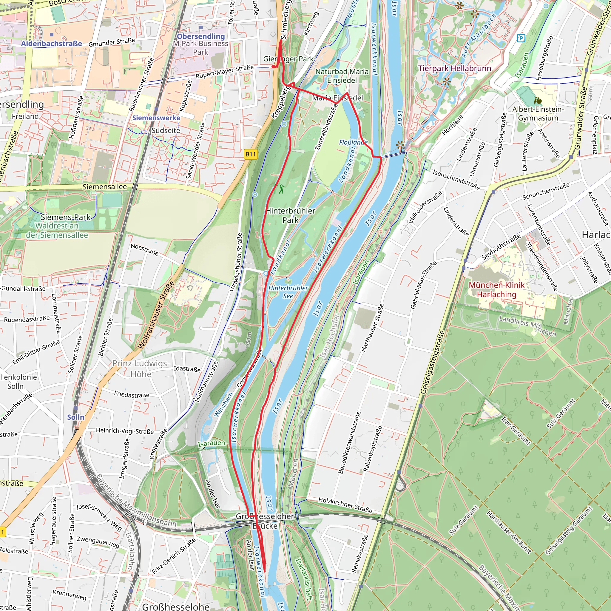Isarwerkkanal via Maria-Einsiedel-Berg and Hinterbrühler Weg mobile static map